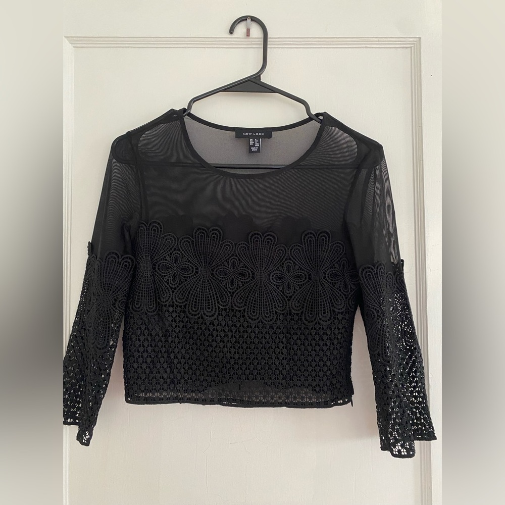 New look - black cropped lace and sheer top - uk 6 / us 2